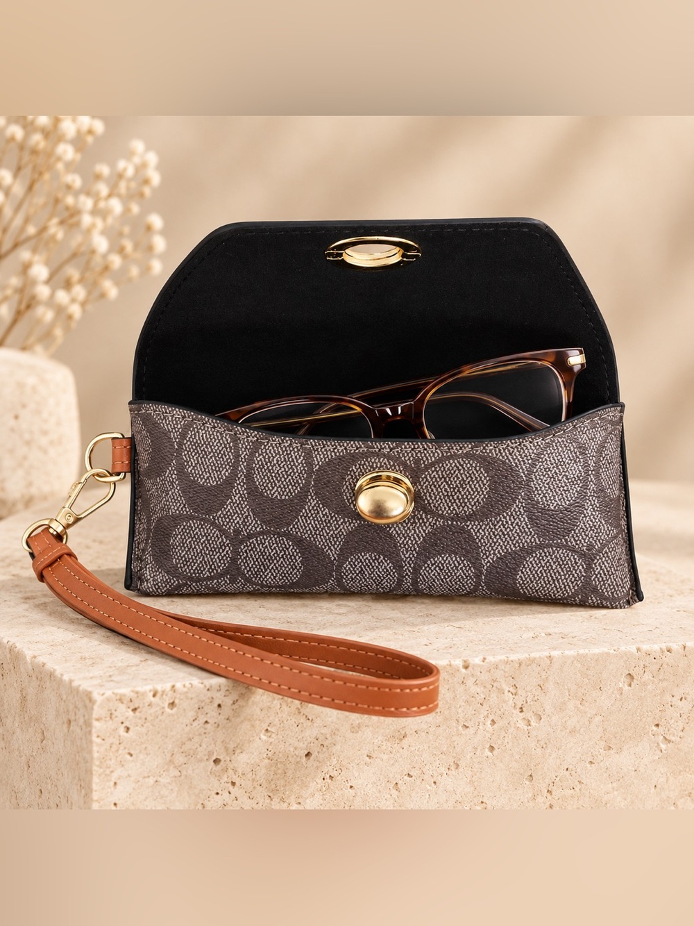 Luxury Women’s Glasses Case Wristlet Clutch - Brown